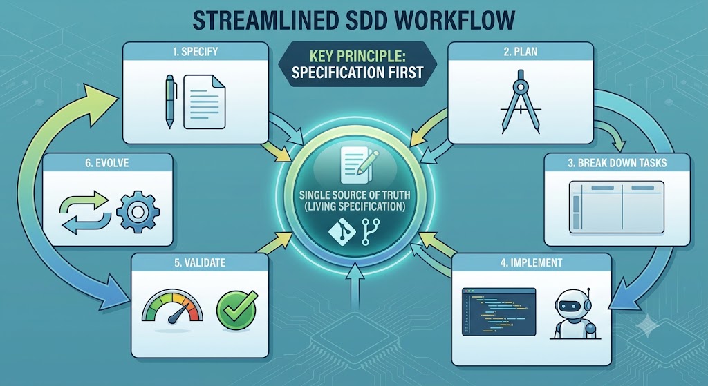 SDD workflow: specify, plan, break down tasks, implement, validate, evolve — all revolving around a living specification as the single source of truth